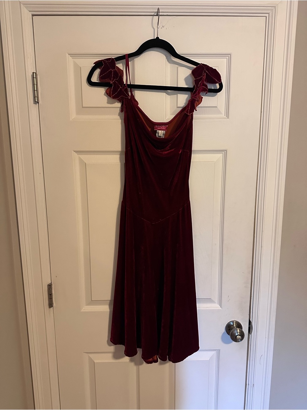 90s Vintage Velvet Cowl Midi Dress with Ivy Leaf Straps in Burgundy - Picture 2 of 5
